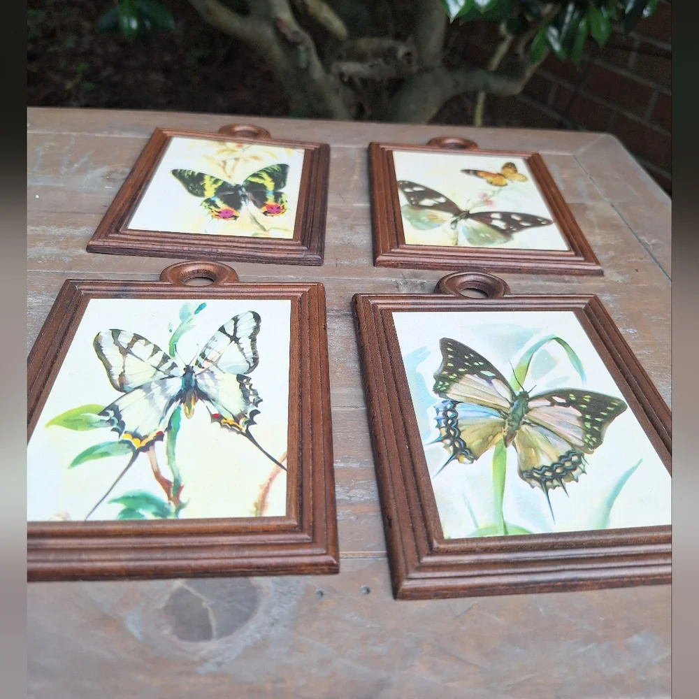 Vintage Wooden Wall Hanging Butterfly Decor Set of 4 Wood Watercolor Prints